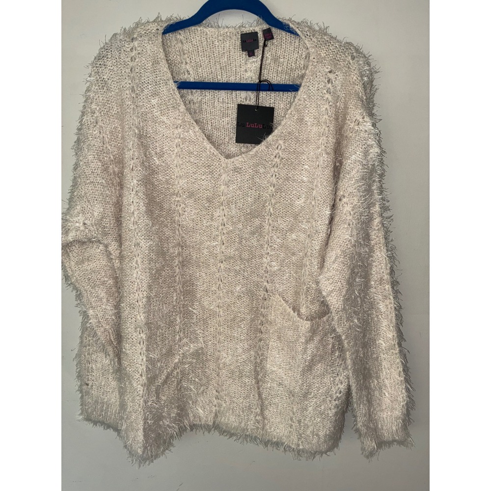 LuLuLuLu Sweater Women XL Cream Eyelash Knit V-Neck Oversized Fuzzy Pockets Cozy